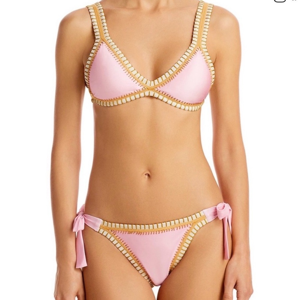 PQ Swim Platinum Swimwear Pink with Gold Crochet Trim Bikini Set M NWT